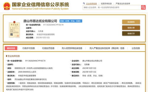 惠達(dá)衛(wèi)浴于唐山成立紙業(yè)公司,注冊資本2800萬元